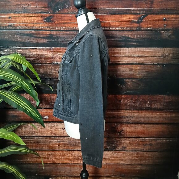 CI SONO Jean Jacket M Crop Distressed Studded Black Denim Grunge Biker - Picture 5 of 9